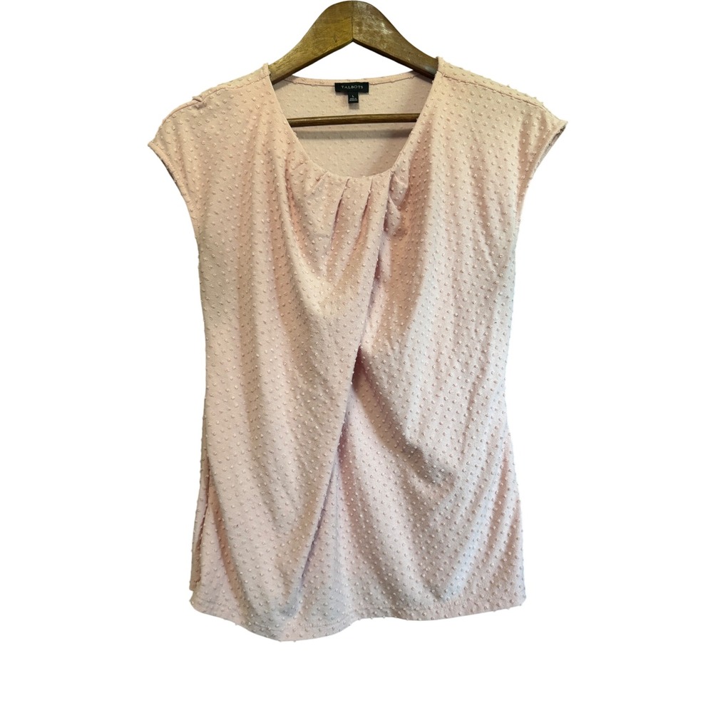 Talbots Blouse Womens Large Pink Excellent Swiss Dot Draped Neck Cap Sleeve Top